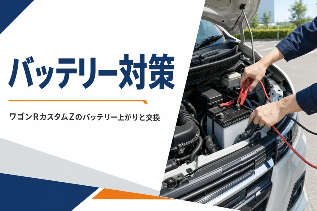 軽自動車のバッテリーに赤と黒のブースターケーブルをつないでいる手元