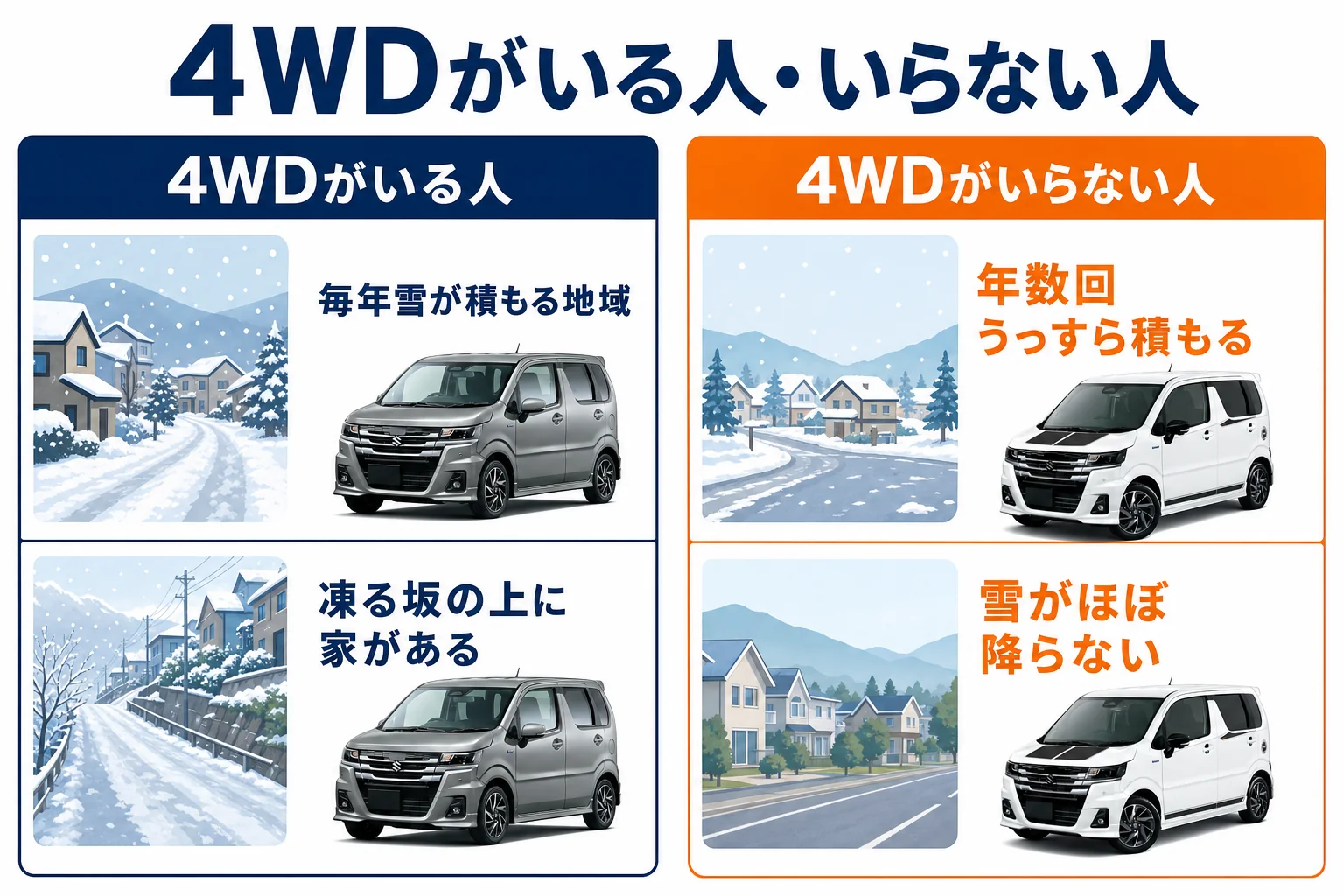 住む地域と使い方ごとに4WDと2WDのどちらが合うかを並べた図