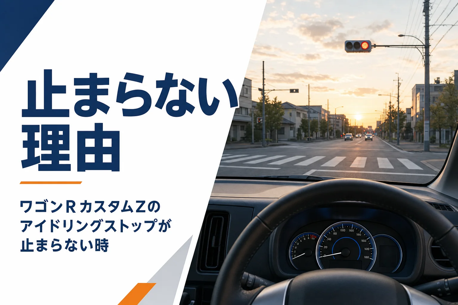 信号待ちの軽自動車の運転席から見た赤信号とメーター