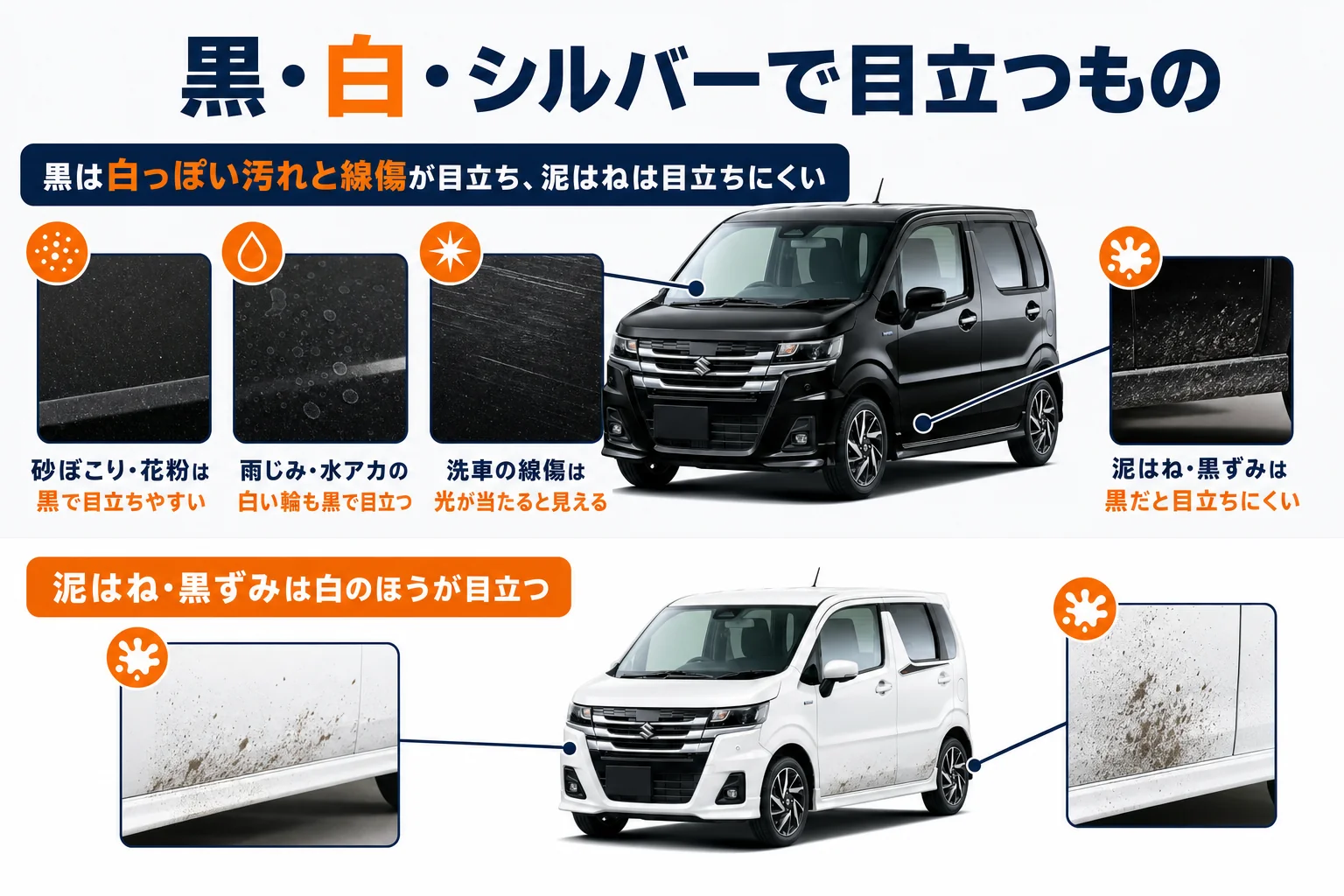 黒・白・シルバーで目立つ汚れと傷を比べた図解