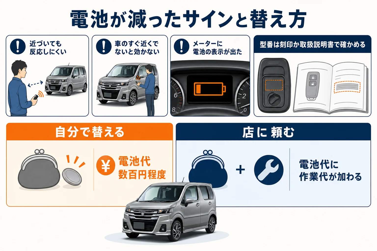 電池が減ったサインと、自分で替えるか店に頼むかの図解