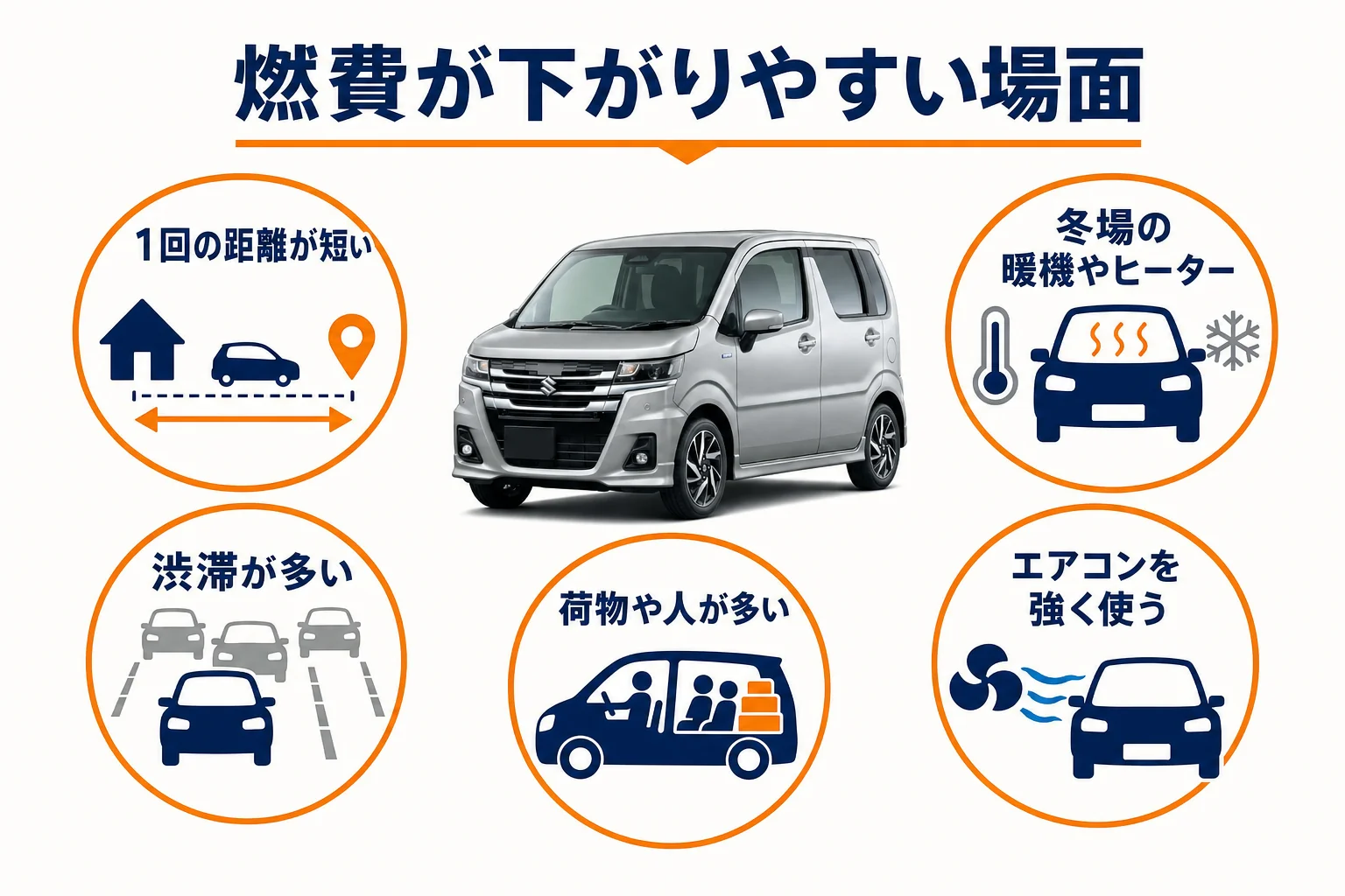 実燃費がカタログ値より下がりやすい場面をまとめた図