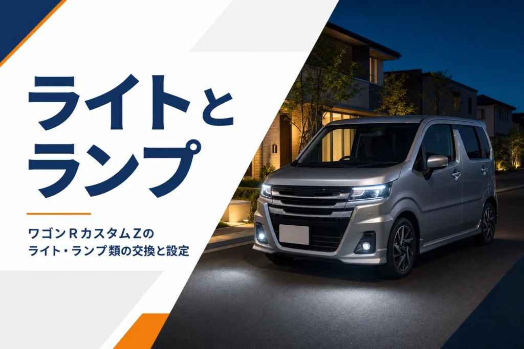 夜にLEDヘッドライトを点けた軽トールワゴンの正面