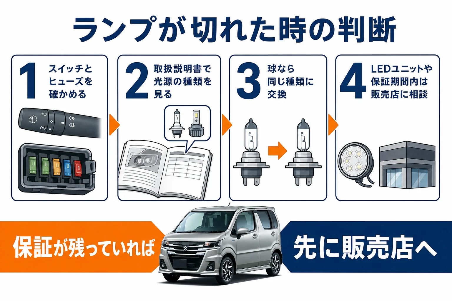 ランプが切れた時にどうするかの判断の図解