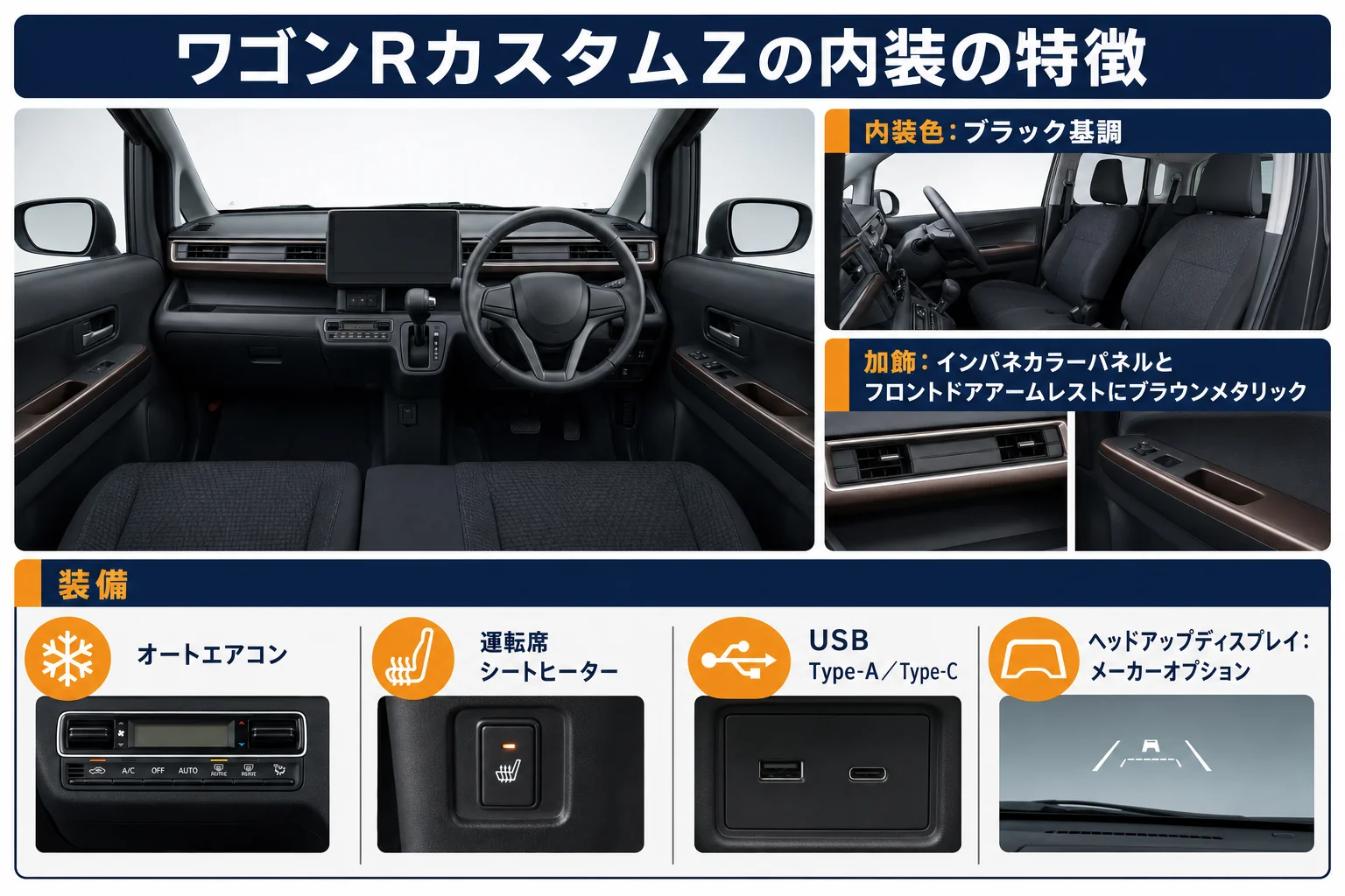 ワゴンRカスタムZの内装の色と加飾の位置をまとめた図解