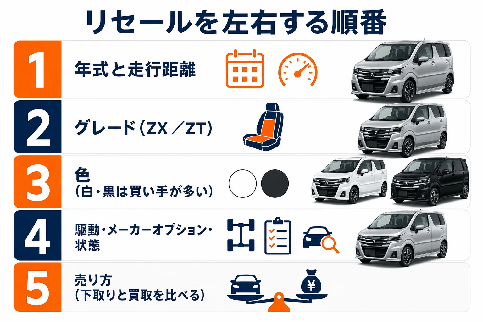 ワゴンRカスタムZのリセールを左右する要素を大きい順に並べた図解