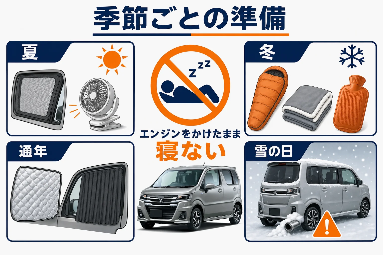 ワゴンRカスタムZで車中泊する時の季節ごとの準備を示した図解