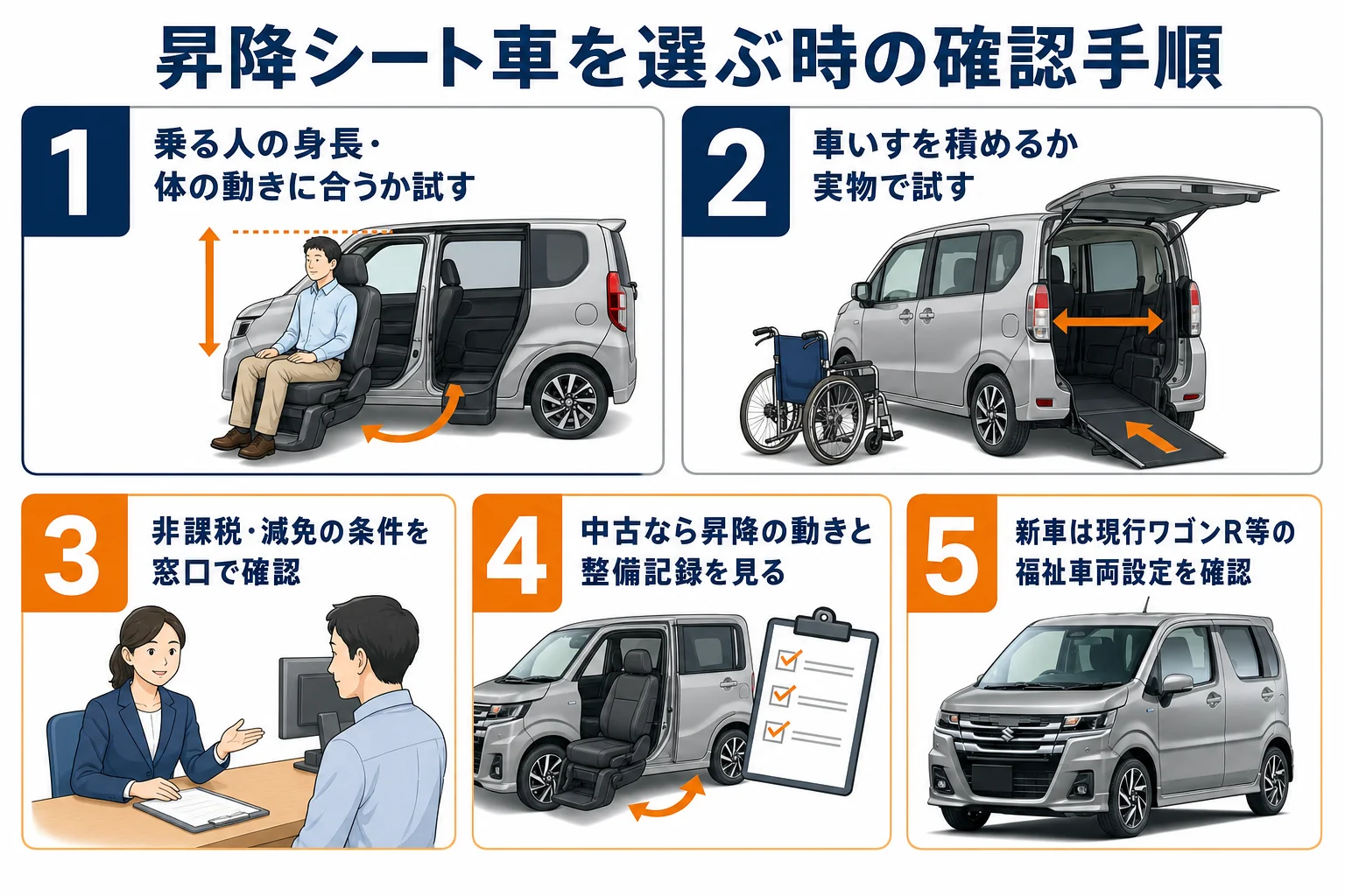 昇降シート車を選ぶ時の確認手順を示した図解