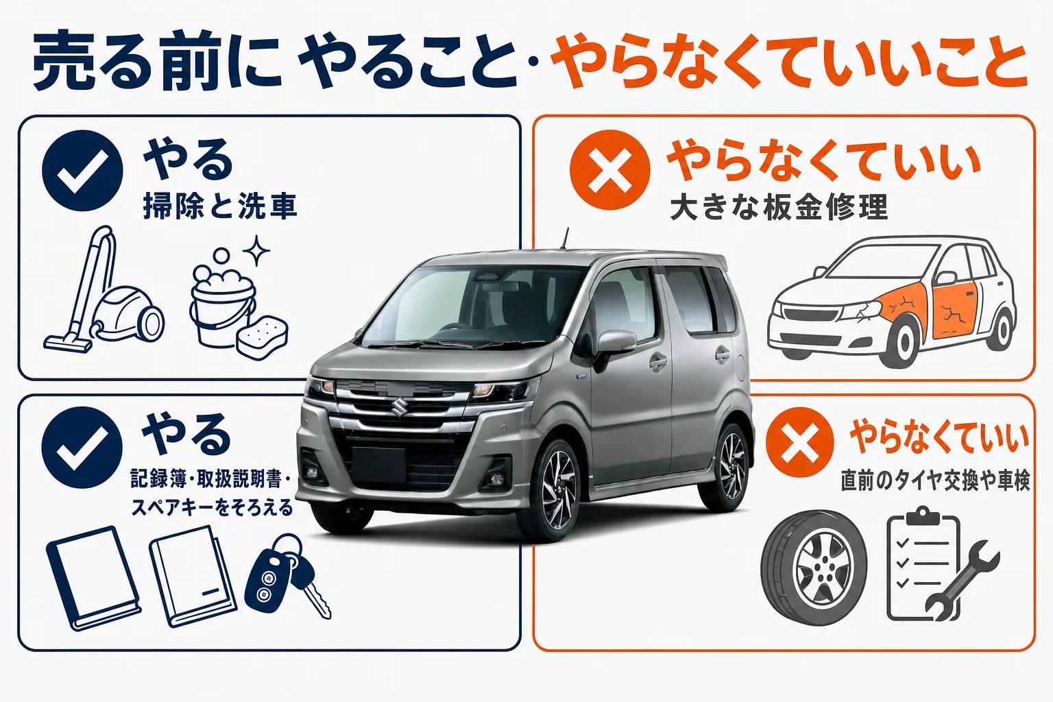 ワゴンRカスタムZを売る前にやることとやらなくていいことを並べた図解